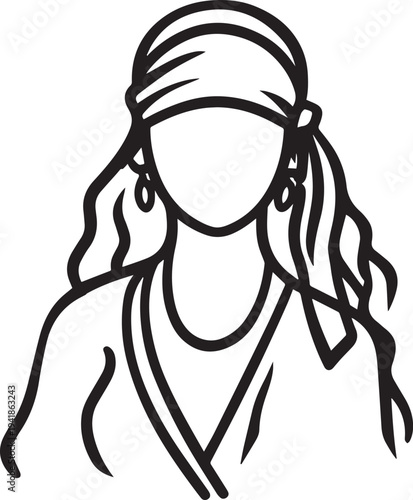 Hand Drawn Woman Pirate Black and White Avatar Illustration in Minimal Line Art Style Design