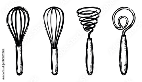 Four hand-drawn kitchen whisks in a black ink sketch style, a collection of cooking utensils for baking and mixing including balloon, coil, and dough whisk designs