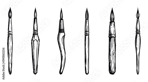 Set of six different artist paintbrushes in a hand-drawn sketch style, showcasing various bristle shapes and handle designs for painting and creative artwork