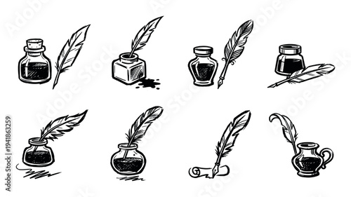 Collection of hand-drawn quill pens and inkwells in a vintage sketch style, illustrating classic writing tools for calligraphy, literature, and historical correspondence