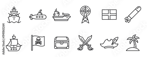 Collection of black line icons featuring naval and pirate themes including a warship, submarine, pirate ship, and treasure chest in a minimalist, clean vector style