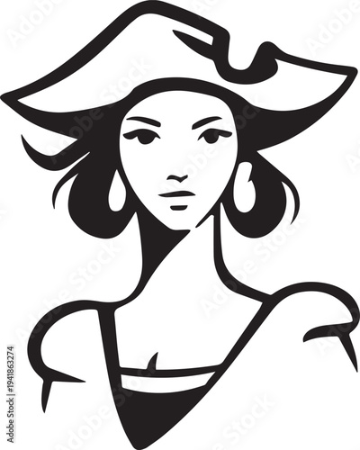Hand Drawn Woman Pirate Black and White Avatar Illustration in Minimal Line Art Style Design