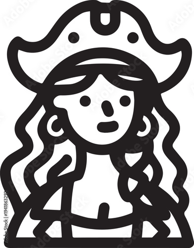 Hand Drawn Woman Pirate Black and White Avatar Illustration in Minimal Line Art Style Design