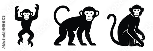 monkey silhouette icon set. Animals logos collection and isolated on White background