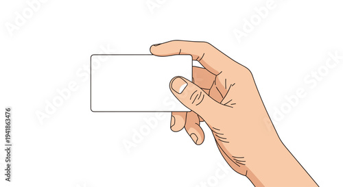 A fair-skinned hand is firmly holding a blank white rectangular card horizontally with its fingers and thumb against a pure white background.