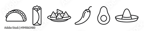 Collection of minimalist black outline Mexican food and culture icons, including a taco, burrito, nachos, chili pepper, avocado, and sombrero, presented in a clean graphic style