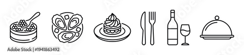 Various black outline food and dining icons, including caviar, oysters, a dessert, cutlery, wine bottle, glass, and a cloche, presented in a clean, minimalist graphic style