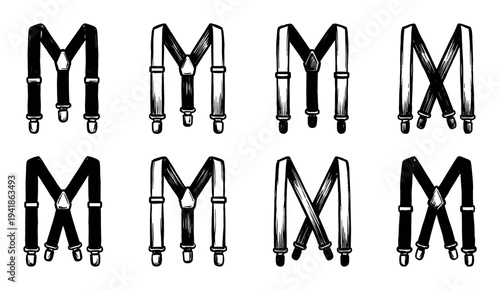 Eight hand-drawn black and white suspenders are depicted in a collection of sketch-style illustrations, showcasing various Y-back and X-back designs with detailed clips and shading