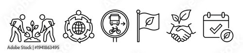 Six black outline environmental sustainability icons are displayed in a horizontal row, illustrating various aspects of ecological responsibility and green living with a clean, modern aesthetic