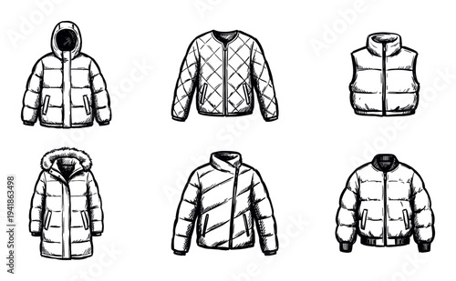 Six distinct hand-drawn winter jackets, coats, and vest illustrations showcase various warm outerwear designs in a clean, graphic sketch style, perfect for fashion or seasonal concepts