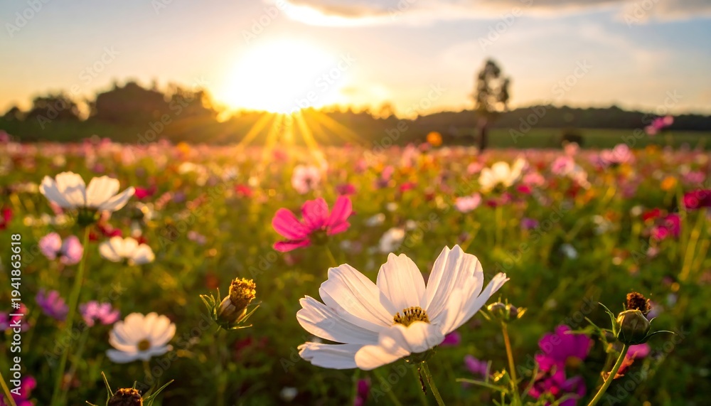 Fototapeta premium Beautiful field of colorful flowers under the sunset.