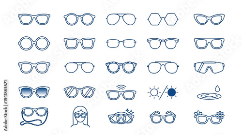 Minimalist line art icons of various glasses and sunglasses