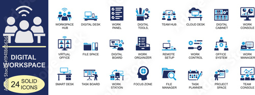 Modern solid digital workspace icon set featuring office, task, project and productivity symbols in bold vector style for web, mobile apps, dashboards and business interfaces.