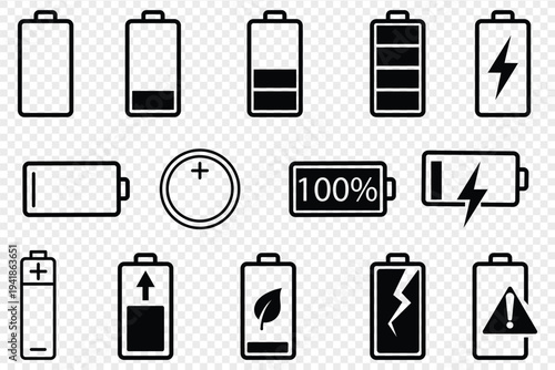 Collection of various battery icons and indicators showing charge levels and power symbols isolated on transparent background