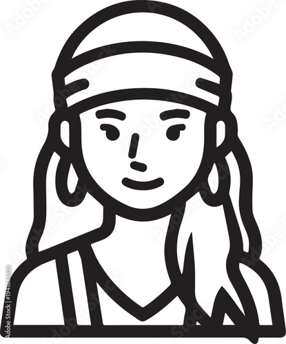 Hand Drawn Woman Pirate Black and White Avatar Illustration in Minimal Line Art Style Design