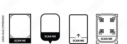 QR Code Scan Frame Icon Set Featuring Scan Me Mobile Scanner Frames and QR Code Symbols for App and Payment Design