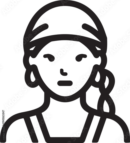 Hand Drawn Woman Pirate Black and White Avatar Illustration in Minimal Line Art Style Design
