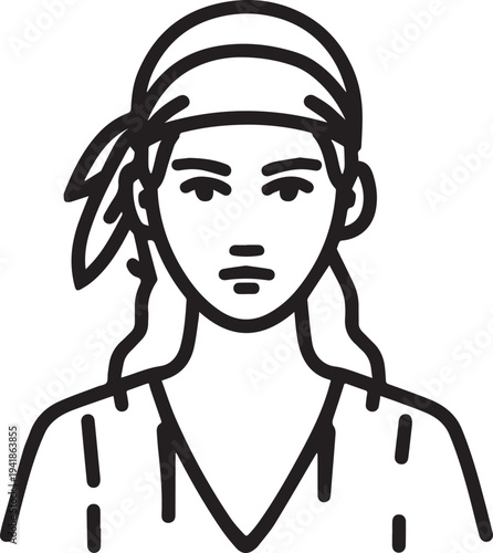Hand Drawn Woman Pirate Black and White Avatar Illustration in Minimal Line Art Style Design