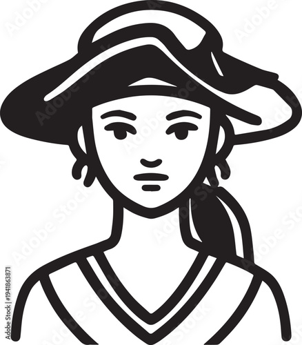 Hand Drawn Woman Pirate Black and White Avatar Illustration in Minimal Line Art Style Design