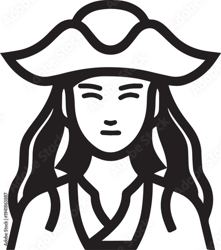 Hand Drawn Woman Pirate Black and White Avatar Illustration in Minimal Line Art Style Design