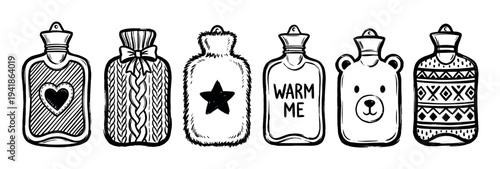 Six charming hand-drawn black and white hot water bottles are beautifully illustrated with diverse cozy patterns and textures, conveying warmth and comfort in a delightful doodle style