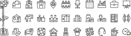 Set of outline icons related to office, workspace, coworking. Linear icon collection. Editable stroke. Vector
