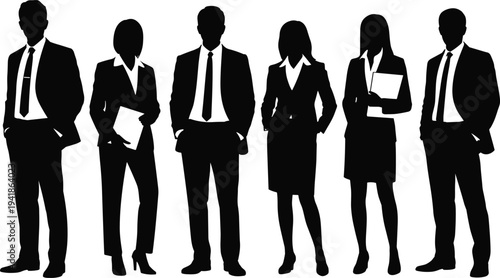 Vector black silhouette of diverse group of professional business people in formal suits standing together isolated on white background for corporate teamwork and leadership concepts.