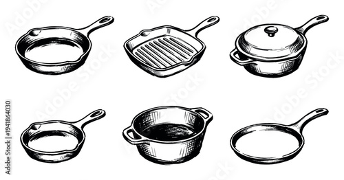 Six various hand-drawn kitchen cooking pans and pots are meticulously illustrated in a classic vintage sketch style, showcasing essential culinary equipment with detailed texture