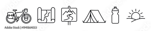 This collection of black outline icons illustrates various outdoor adventure activities, featuring a bicycle, map, mountain sign, tent, water bottle, and sun