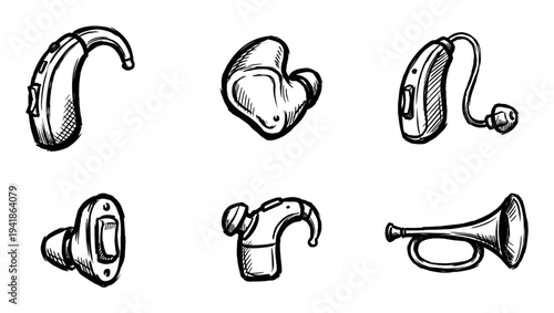 Various hand-drawn hearing aids and a trumpet are rendered with bold black lines and expressive cross-hatching, showcasing different forms of auditory assistance and musical sound
