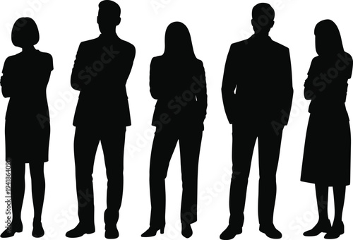 Black vector silhouettes of diverse professional men and women in business attire standing together isolated on white background for corporate teamwork and partnership.