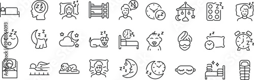 Set of outline icons related to sleep. Linear icon collection. Editable stroke. Vector