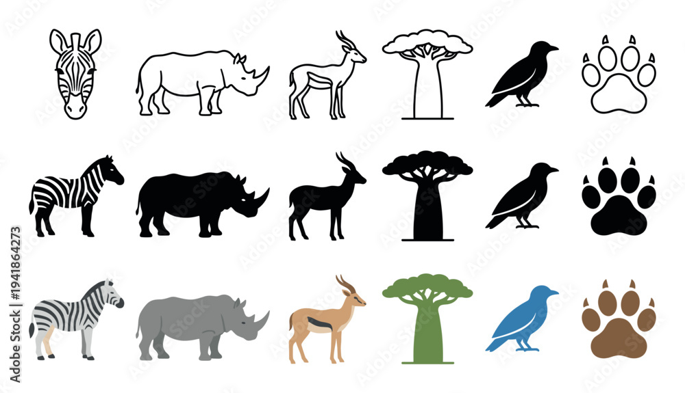 Naklejka premium Various African safari animal and nature icons are presented in a grid, featuring outline, silhouette, and flat color styles for diverse design applications