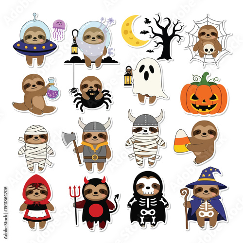 Adorable Halloween Sloth Characters Sticker Set: Mummy, Vampire, Witch, Devil, and Ghost Costumes