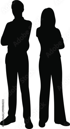 Black silhouette vector of confident professional businessman and businesswoman standing with arms crossed isolated on white background for business corporate teamwork and leadership concepts.