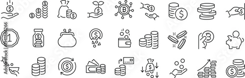 Set of outline icons related to coins. Linear icon collection. Editable stroke. Vector