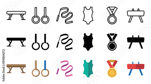 Various gymnastics equipment and related items icons are displayed in a clean, modern grid, featuring outline, solid, and flat colored design styles for each athletic element