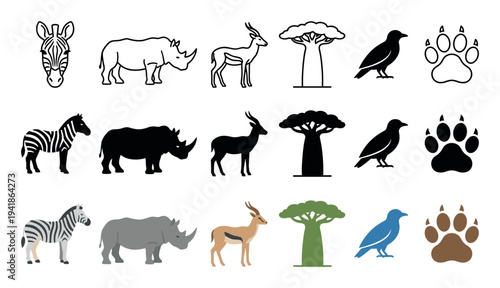 Various African safari animal and nature icons are presented in a grid, featuring outline, silhouette, and flat color styles for diverse design applications