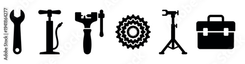 Various black silhouette bicycle repair tools and parts are neatly arranged horizontally, showcasing essential equipment for bike maintenance and service in a clean, graphic style