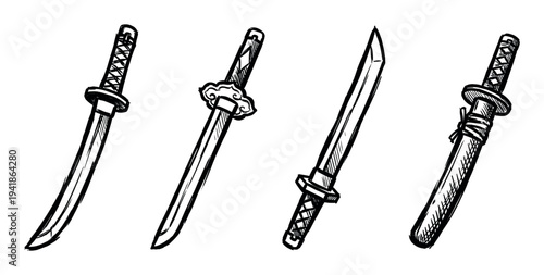 Four hand-drawn Japanese-style swords are depicted in a rough, sketchy black and white illustration, showcasing various blade and handle designs with artistic detail