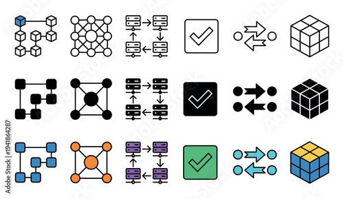 Comprehensive collection of technology-related icons, featuring blockchain, network, data flow, and server symbols presented in outline, solid, and vibrant color styles, arranged neatly in rows