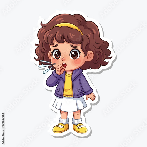 Cartoon Illustration of a Little Girl Coughing and Sneezing, Feeling Unwell with a Cold, Depicting Childhood Sickness and Allergy Symptoms