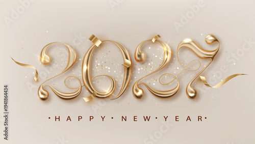 2027 gold Happy New Year banner with 3d realistic calligraphic number and falling confetti. Celebration New Year's Eve bright background