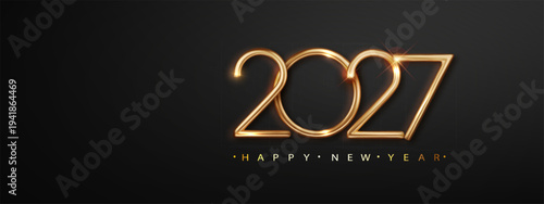Happy New Year 2027 Golden Realistic Number. Festive Christmas social media banner. Premium Vector design for New year and Christmas Celebrations