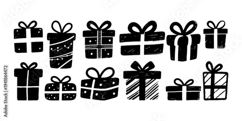 Set of various hand-drawn black gift boxes with bows and different patterns, sketch style on plain white background, concept of celebration