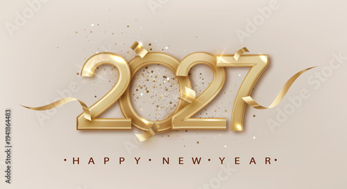 Happy New Year 2027 gold celebration with sparkling confetti, festive ribbons, and elegant design perfect for greeting cards or holiday banners.
