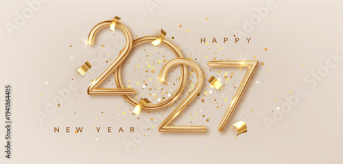 Luxury 2027 gold Celebration New Year design. Sparkling golden number, elegant ribbons, festive holiday decorations on white background.