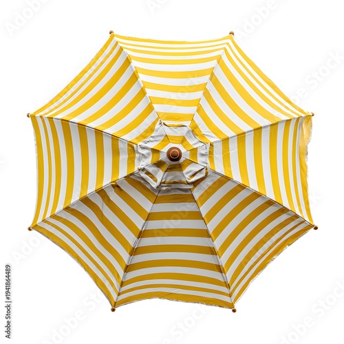 A vibrant yellow and white striped umbrella viewed from above on a clean white background