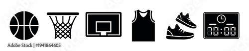 Six black silhouette basketball sport icons are neatly arranged in a horizontal row, depicting essential elements of the game with a clean, modern graphic style