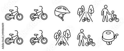 Collection of cycling related outline icons displays bicycles, a protective helmet, a bike path, a parent with a child, and a bicycle bell, all rendered in a clean, minimalist line art style
